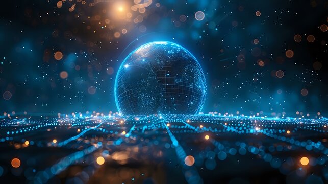 Cutting-Edge Technology: Abstract Digital Network on Global Sphere