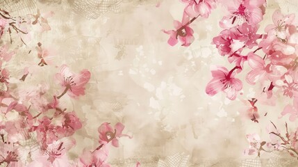 Vintage paper background with a soft floral pattern in cherry blossom pink and ivory.