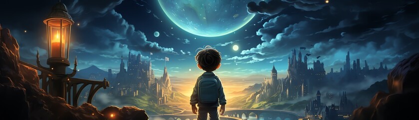 Fototapeta premium Nighttime adventure scene of a boy engineer holding a lantern, stars reflecting in a mystical dimensional gate