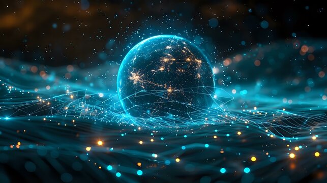 Cutting-Edge Technology: Abstract Digital Network on Global Sphere