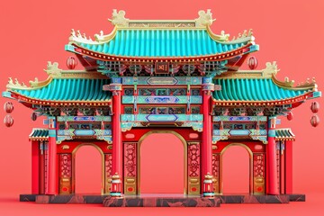 3d illustration of chinese ancient building model on background