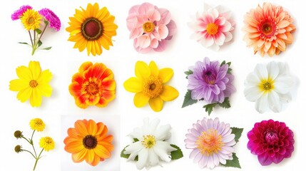 There is a large selection of various wildflowers isolated on a white background,Set of colorful seasonal blooms,Macro photo of flowers set, rose, arnica montana, daffodil, blue periwinkle etc