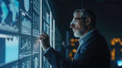 A senior data analyst focuses on interpreting complex data visualizations displayed on high-tech digital screens. AIG41