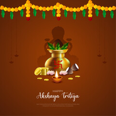 Happy Akshaya Tritiya Post and Greeting Card Wishes. Indian Festival Akshaya Tritiya Banner with Text and Gold Coins with flowers and diya Vector Illustration