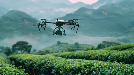 Drone With a camera flying over a tea