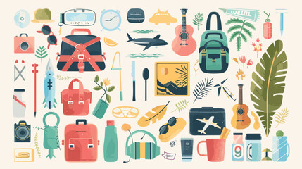 Travel items poster with lettering Vector illustration
