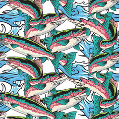 Vector Illustration of Rainbow Trout Fish and Waves with Vintage Illustration Available for Pattern