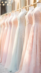 A row of pastel sequined tulle gowns hang on hangers in the store