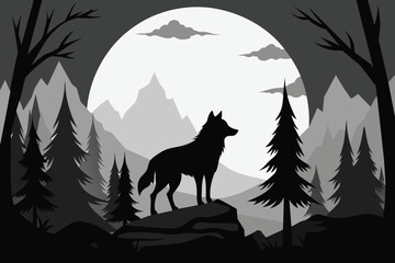 wildlife wolf silhouette forest landscape black and white vector illustration