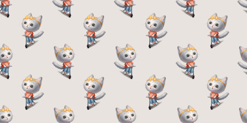 Seamless pattern with cute kitty girl character riding scooter. Childish hand drawn background.