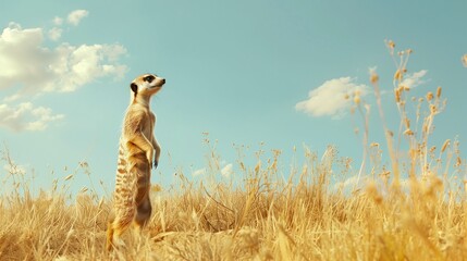 a curious meerkat standing upright on its hind legs, surveying the surrounding landscape with a...