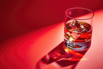 Studio photography of whiskey with ice or brandy in glass with copy space