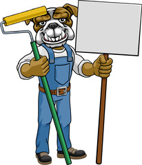 A bulldog painter decorator handyman cartoon construction man mascot character holding a paint roller tool