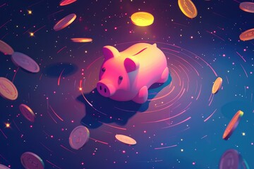 A happy piggy bank with flying coin, Concept of saving money and smart investments