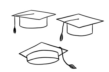 Graduate hat line icons set. Hand drawn university cap in doodle style. Academic hat monochrome illustration