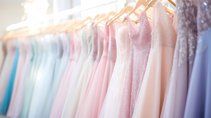 A row of pastel sequined tulle gowns hang on hangers in the store