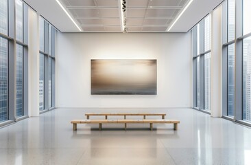 A large painting hangs on the wall of a large room. The room is empty and features a bench and a few chairs. The painting is a large abstract piece with a lot of white and brown tones