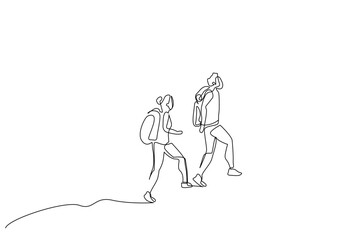 couple woman man backpack nature hike walking trip lifestyle one line art design vector