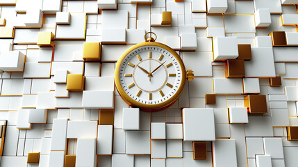 an Abstract Clock Design Background: a large, ornate golden pocket watch embedded into a complex, three-dimensional array of white and golden cubes