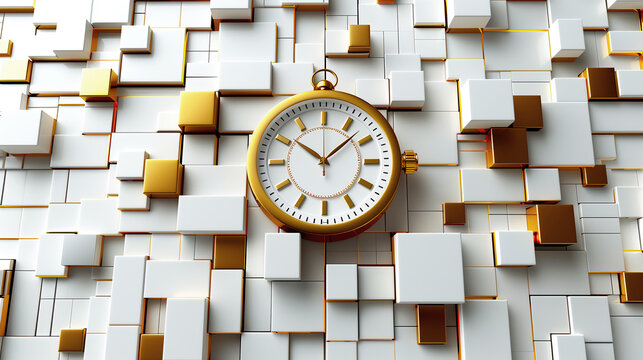 an Abstract Clock Design Background: a large, ornate golden pocket watch embedded into a complex, three-dimensional array of white and golden cubes