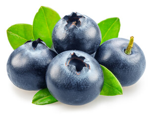 Blueberries with green leaves on white background. Full sharpness for each blueberry. File contains...