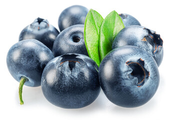 Obraz premium Blueberries with green leaves on white background. Full sharpness for each blueberry.