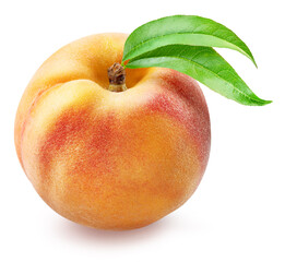 Ripe peach with leaf on white background. File contains clipping path.