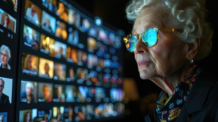 A woman is looking at a computer screen with many pictures on it