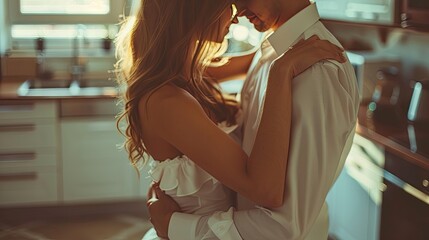 Obraz premium A couple is hugging in a kitchen
