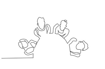 little children nursery primary school sitting together at the table learning dining table round education one line art design vector