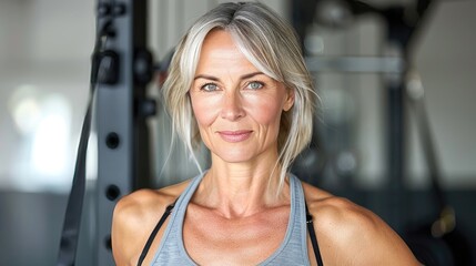 A woman with a white head and blonde hair is standing in a gym