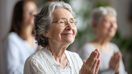 A woman in a white shirt is praying with her hands clasped