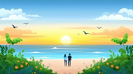 A couple is walking on a beach at sunset