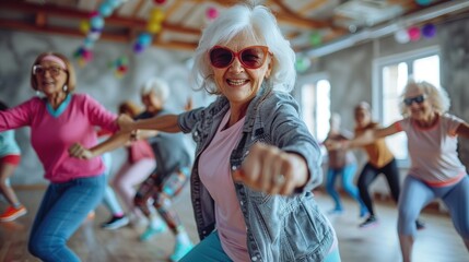 A group of older women are dancing and one of them is wearing sunglasses