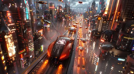 Capture a futuristic cityscape with holographic displays projecting love stories amidst flying cars, using CG 3D for a dynamic, tilted view