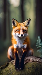 Fototapeta premium Red fox cub standing in the wild on a white background