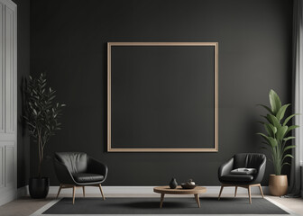 Modern black living room interior with a blank poster on the wall, plants, and furniture on a concrete background, mockup