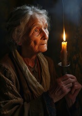 A portrait of a wrinkled old woman holding a burning candle.