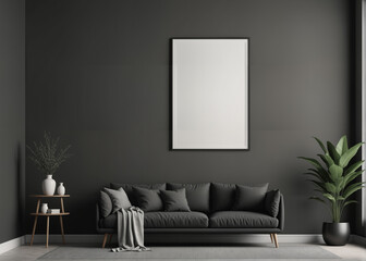 Modern black living room interior with a blank poster on the wall, plants, and furniture on a concrete background, mockup