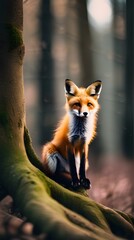 Fototapeta premium Red fox cub standing in the wild on a white background