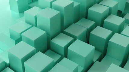 Obraz premium Soft teal cubes arranged in a gradient on a seafoam green block background, perfect for a soothing ambiance.