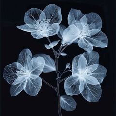 Jasmine blossoms seen through Xray, rendered as fine art with their intricate, fragile veins highlighted