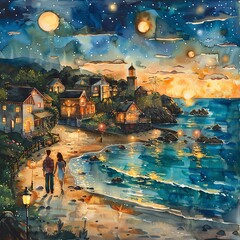 Illustrate a panoramic view of a whimsical seaside town at sunset