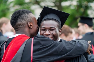 Fototapeta premium Joyful embrace among diverse young men at their graduation, a symbol of their camaraderie