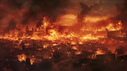 Medieval village on fire, houses are engulfed in flames, fire in city. Attack of barbarians enemies on medieval village settlement. War in the kingdom