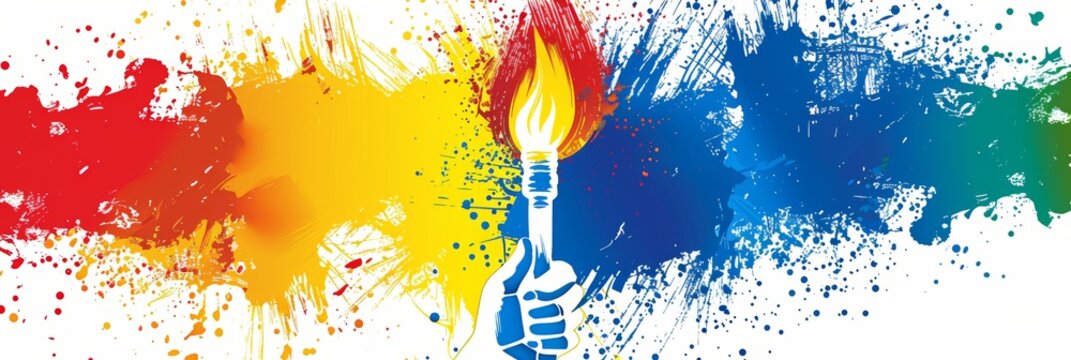 Hand of athlete holding a torch with the flame, sporty modern light abstract colorful art style white background of the Eiffel Tower, Olympic sport games concept, banner