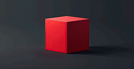 Red 3D cube isolated on black background close up with advertising space. Geometry, gift, packaging