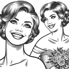 Happy bride sketch engraving generative ai fictional character raster illustration. Scratch board imitation. Black and white image.