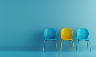 A set of three chairs with different colors and shapes on them