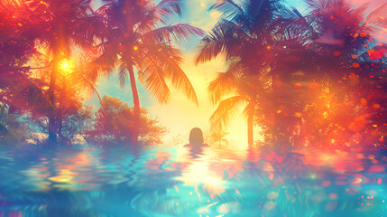 A woman is swimming in a pool with palm trees in the background